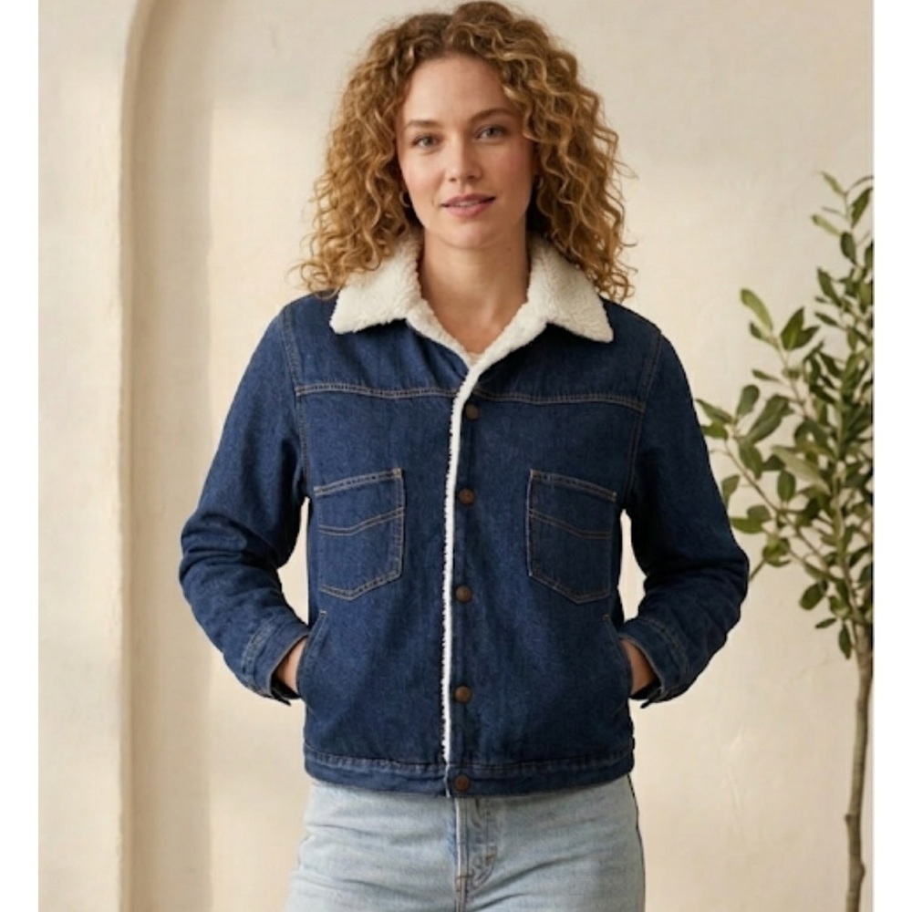 Vintage Denim Trucker Jacket Sherpa Fleece Button Down Grunge Western Small